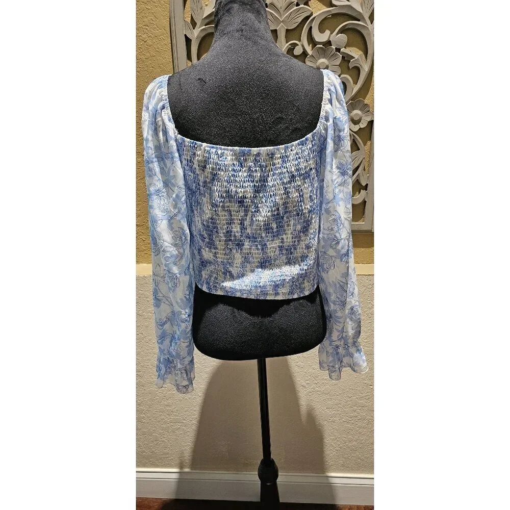 Unbranded Cottagecore Romantic Blue & White Floral S Puff Sleave Top - Picture 2 of 6